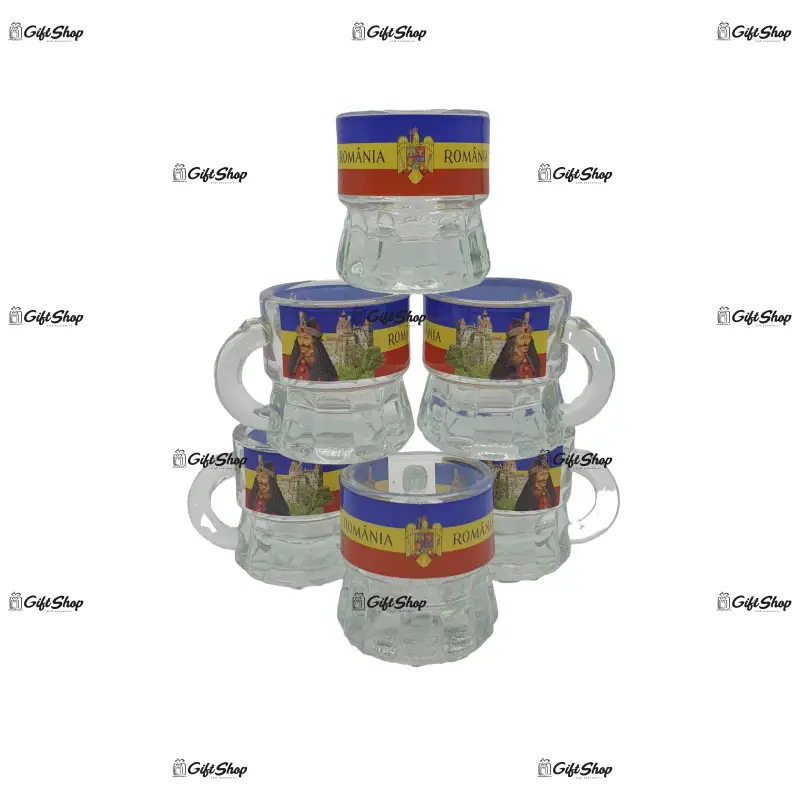 Castelul bran, vlad tepes, set 6 pahare pentru lichior/snaps realizat din sticla